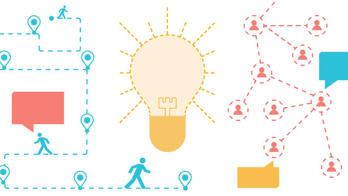 Lightbulbs, person walking on a path