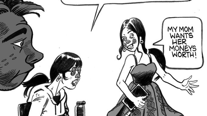 A student wears her grad dress to class