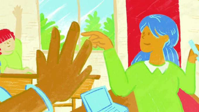 Cartoon image of a teacher in front of a class