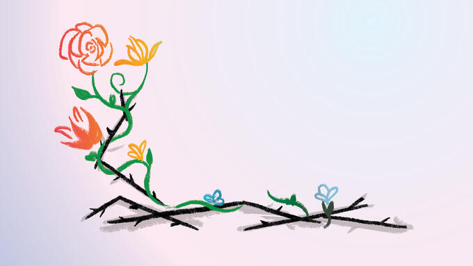 Cartoon image of flowers on a branch