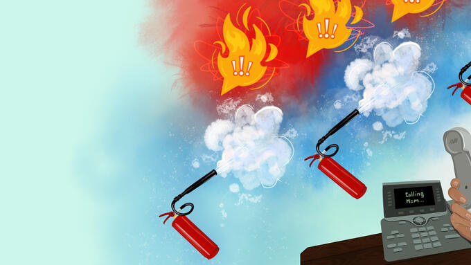 Cartoon image of fire extinguishers and a phone