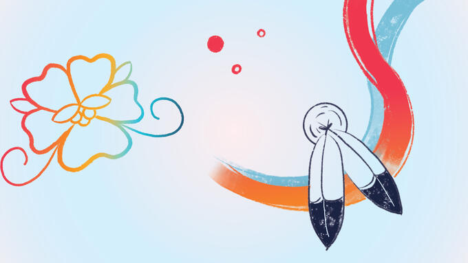 Cartoon image of feathers and flowers