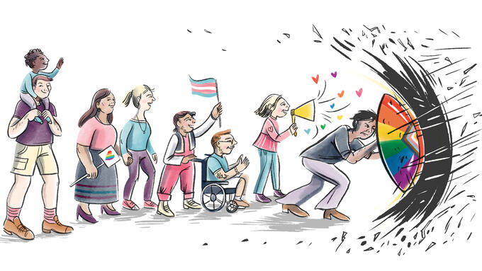 Cartoon image of a person protecting people with a rainbow umbrella