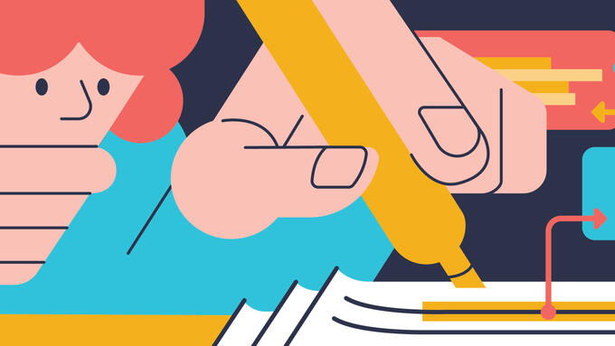 Cartoon image of a person writing with a marker