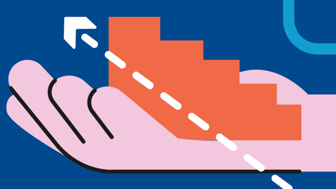 Hand holding a set of stairs with an arrow point up