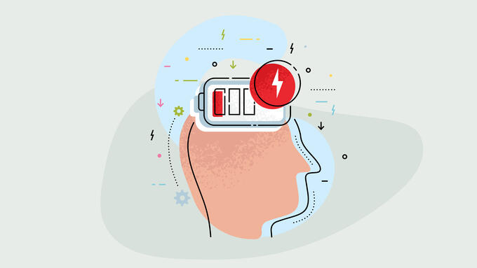Cartoon image of a brain with a low battery symbol