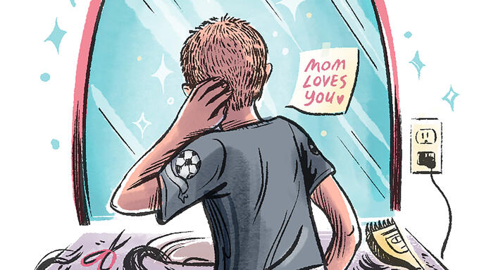 Young person looks into a mirror after cutting hair