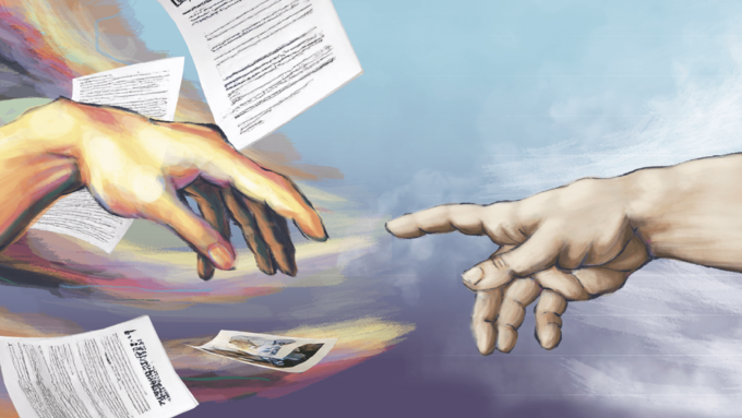 Two hand reach towards each other from the sky