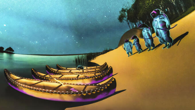 Norther lights reflecting off a lake with canoes waiting a shore. 