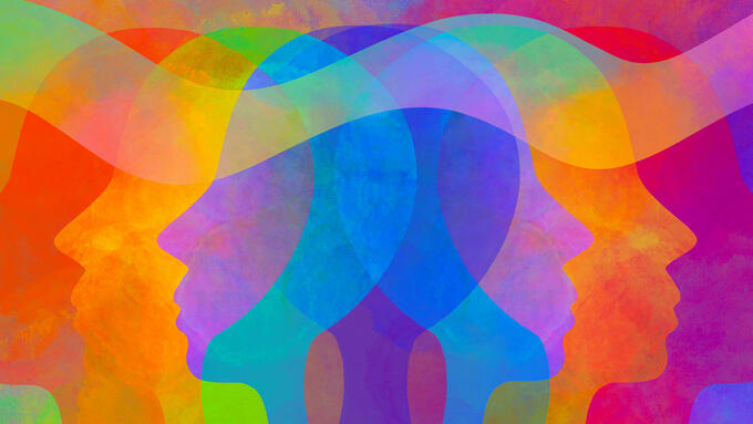 Colourful illustration of heads blending together 