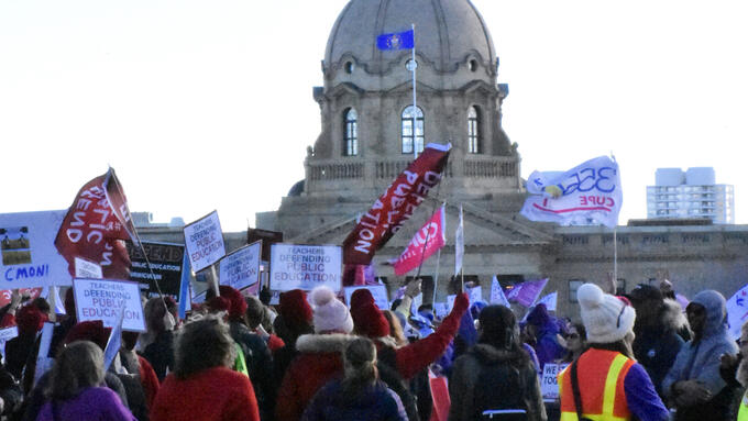 Teachers protest at the Alberta Legislative building