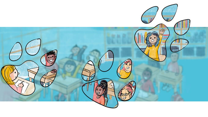 A colourful sketch illustration of a blurry blue classroom of students. Large dog paw prints travelling from left to right across the illustration reveal a clear and happy collection of students raising their hands in class.
