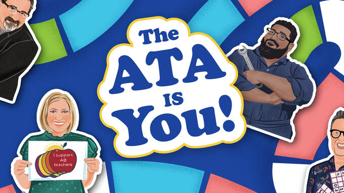 A colourful boardgame with a dark ATA Blue background. The words "The ATA is you!" are in bold, rounded text. Illustrated player tokens are scattered around the board.