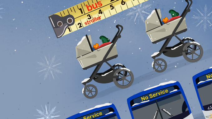 Illustrative collage of a measuring tape and baby stroller and a bus