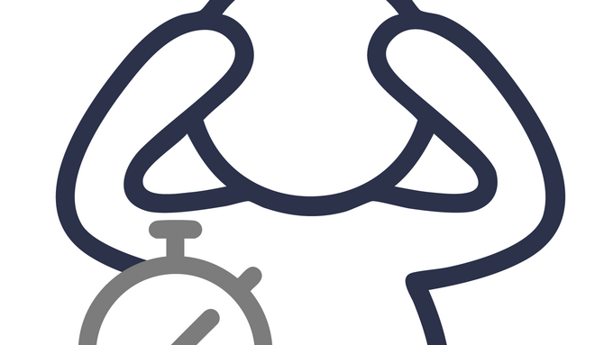 A timer and a figure with hands at the temples due to frustration.