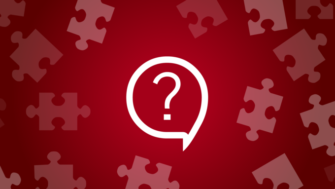 Red graphic with speech bubble with a queston mark and puzzle pieces 