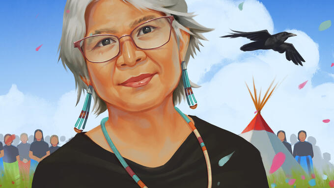 An illustration of Valerie McDougall in front of her community, a teepee and a flying raven that symbolically represents her family.