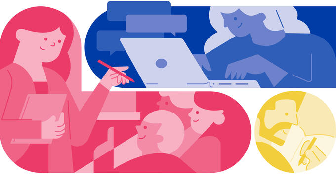 Illustration of people on laptops, in classroom and studying