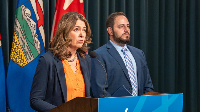 Danielle Smith and Demetrios Nicolaides give a news conference