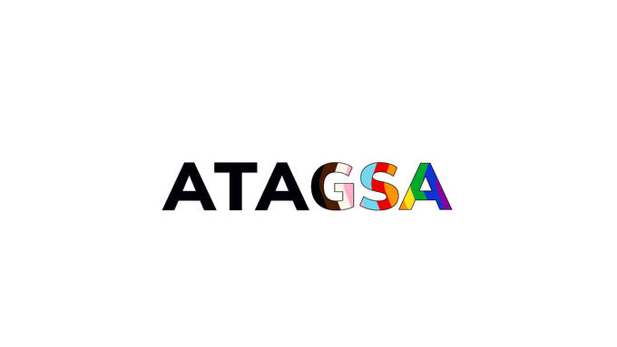 Black text "ATA" next to the text "GSA" in which each letter is filled with 3 colors of the rainbow