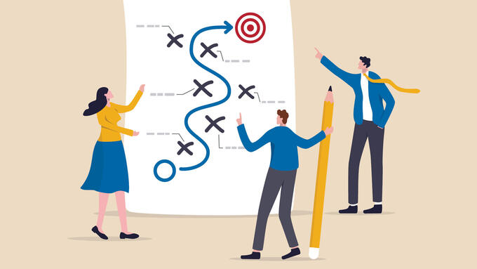 A graphic depicting three individuals looking at a poster