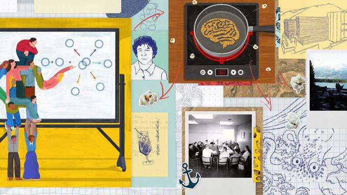 Collage illustration, of people melded into one person at a blackboard