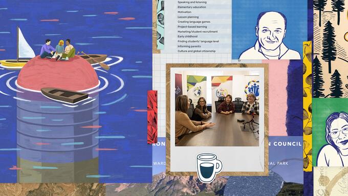 Collage of Teachers on a small island, campfire and coffee