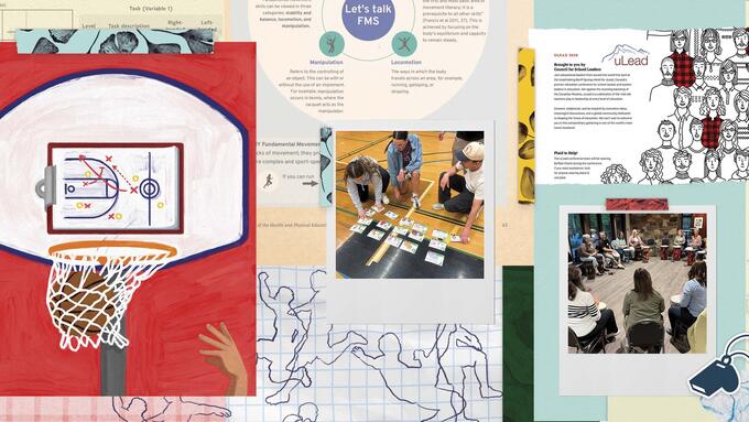 Basketball net collage with teacher showing students a game plan