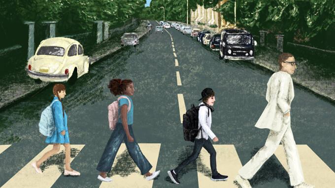 A teacher leads three children cross walk in the same style of The Beatles Abbey Road album cover