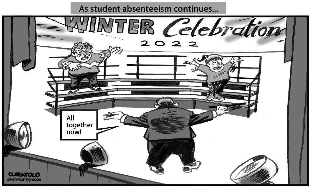 Caption reads "As student absenteeism continues..." and only two students are in the Winter Celebration concert