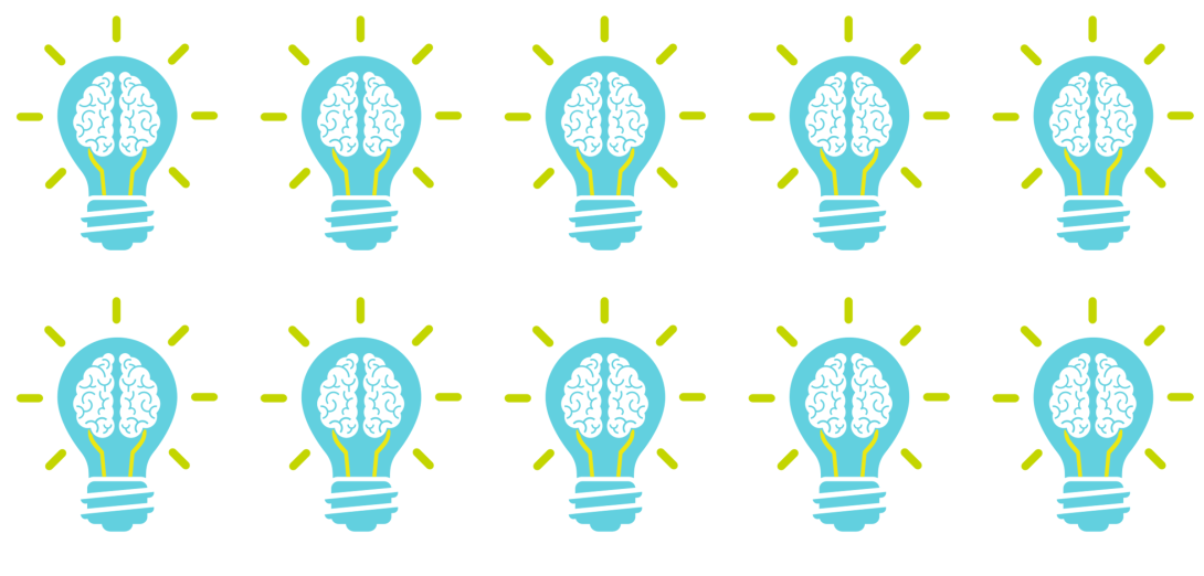 Graphic of a grid of light bulbs with brains as the filament. 