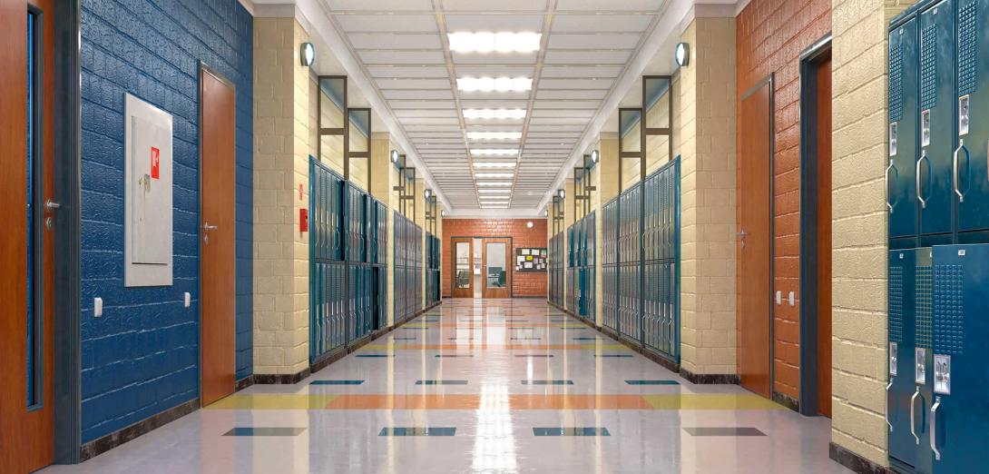 Hallway with blue lockers