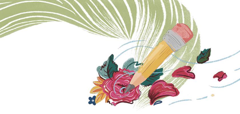 Cartoon image of a pencil and flowers