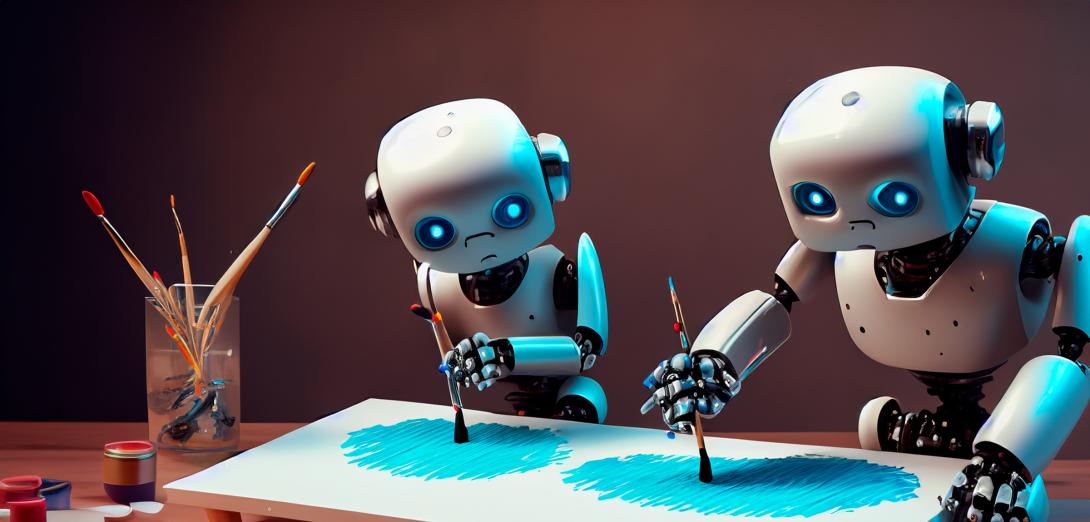 Two robots at a table, painting on a canvas. The robots are white with blue eyes. The robot on the left is looking at the robot on the right, trying to copy its style. 