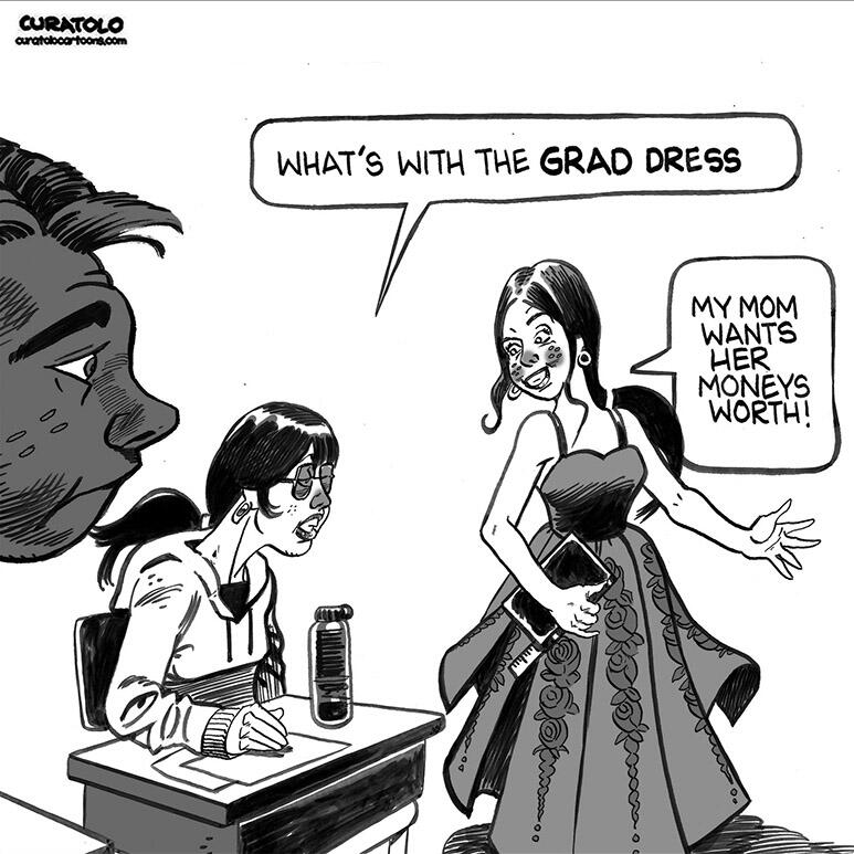 A student wears her grad dress to class