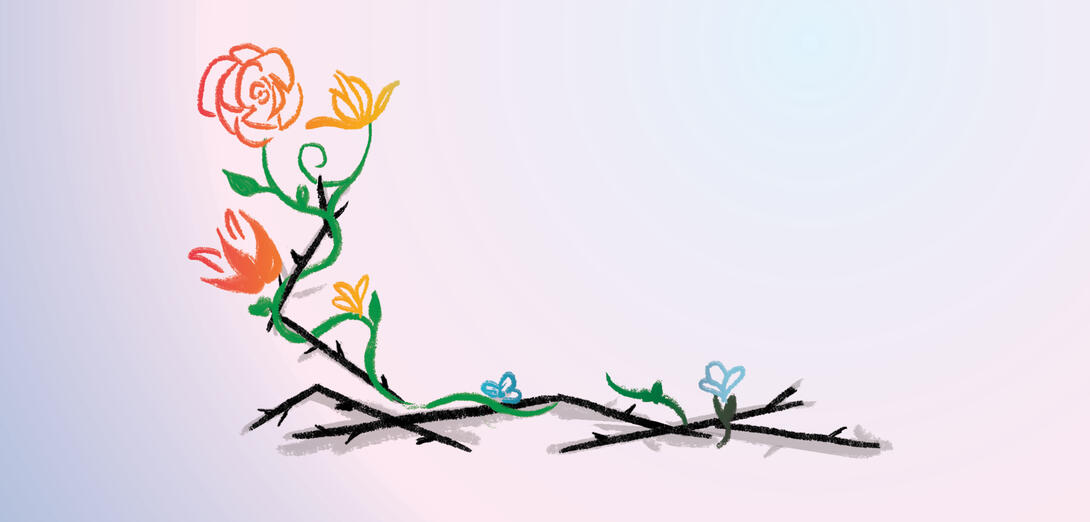 Cartoon image of flowers on a branch