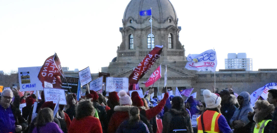 Teachers protest at the Alberta Legislative building