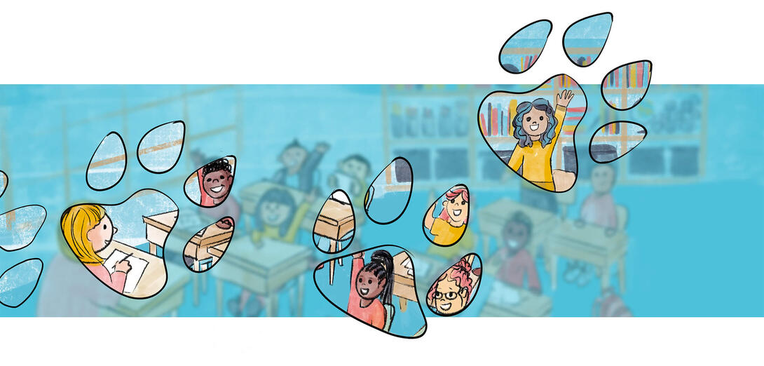 A colourful sketch illustration of a blurry blue classroom of students. Large dog paw prints travelling from left to right across the illustration reveal a clear and happy collection of students raising their hands in class.