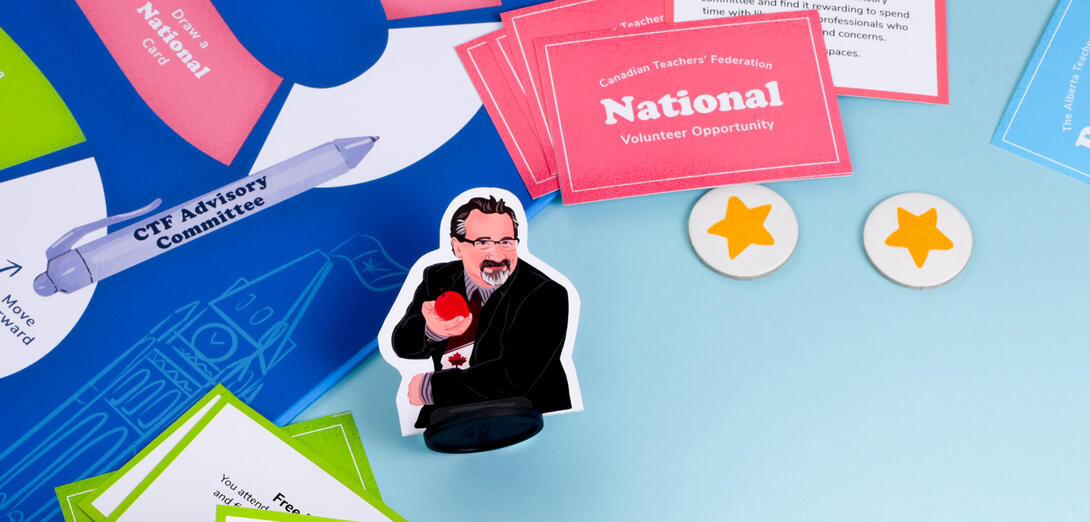 A player piece of Mark Ramsankar sits amongst other boardgame materials. Mark Ramsankar is illustrated holding a red apple and wearing a maple leaf tie. There are tokens with gold stars near him, and the board game has an illustration of Canada's parliament building.