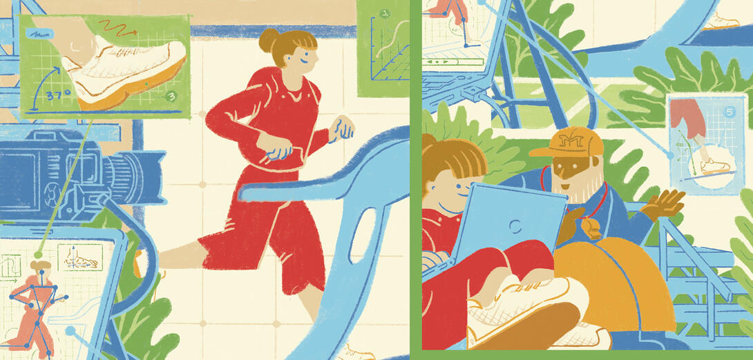 Illustration of a student and phys-ed teacher using technology to enhance athletic skills.