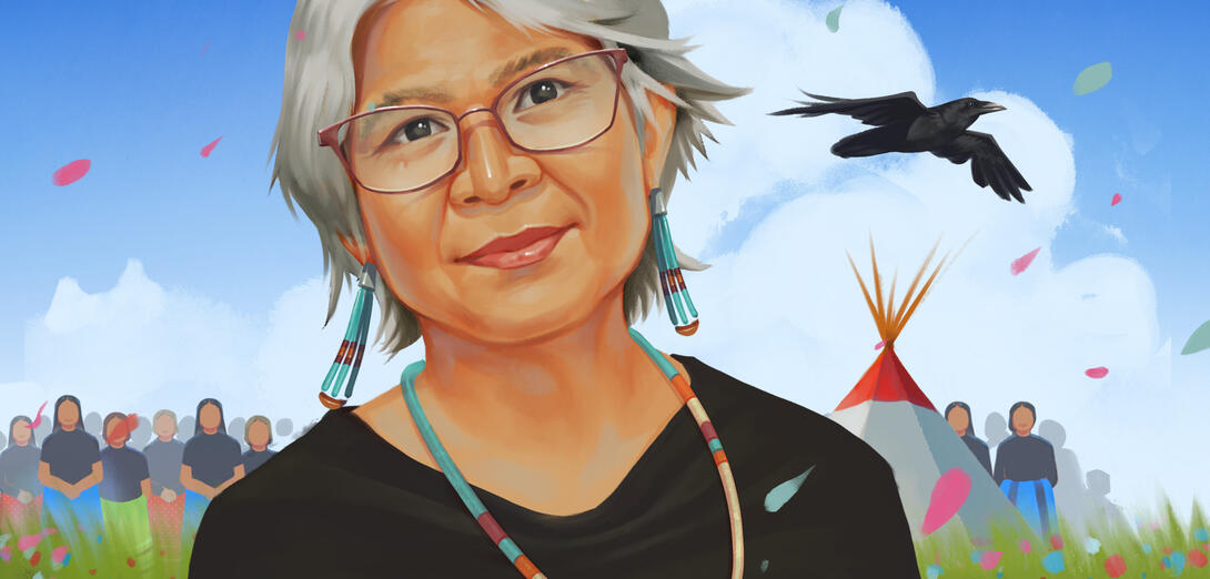 An illustration of Valerie McDougall in front of her community, a teepee and a flying raven that symbolically represents her family.