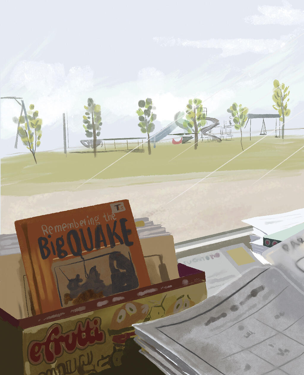 Illustration of a view of a playground outside a window