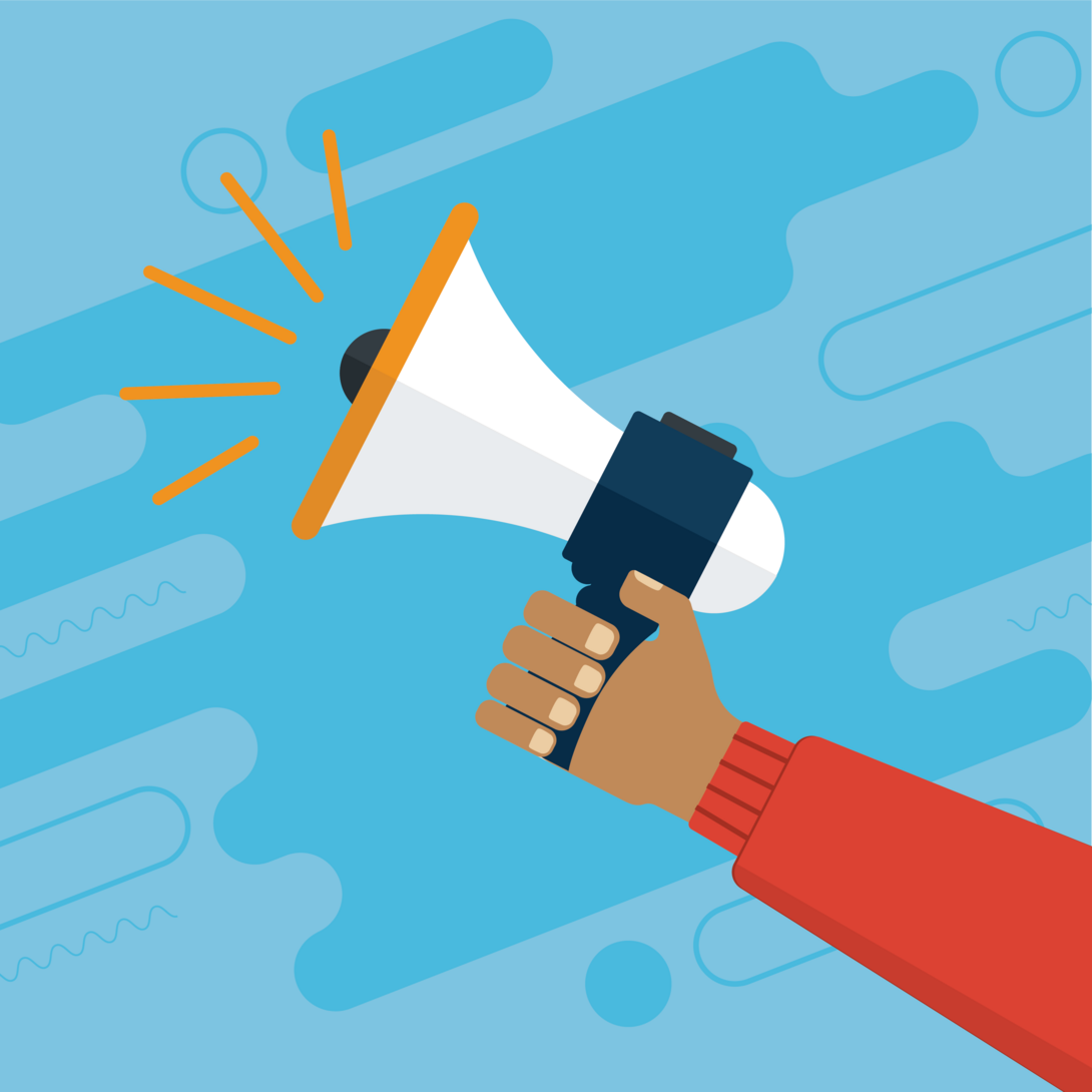 Arm in red sleeve holding a megaphone